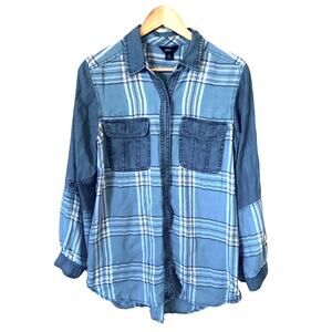 Y2K Retro 90s Plaid Chambray Shirt Women’s Oversized Small Color Block Blue Long